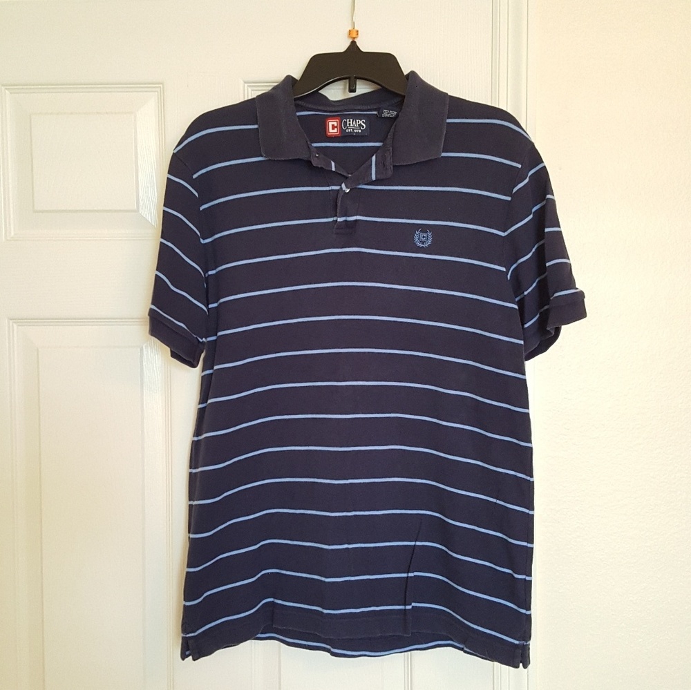 Chaps Blue and White Striped Casual Short Sleeve